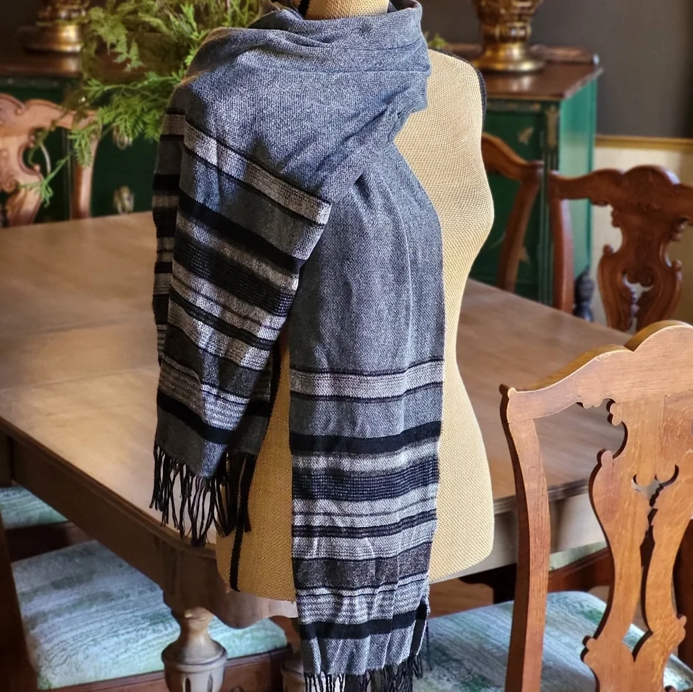 Corrieri Ido, made in Italy, gray and black striped rectangular fringed scarf